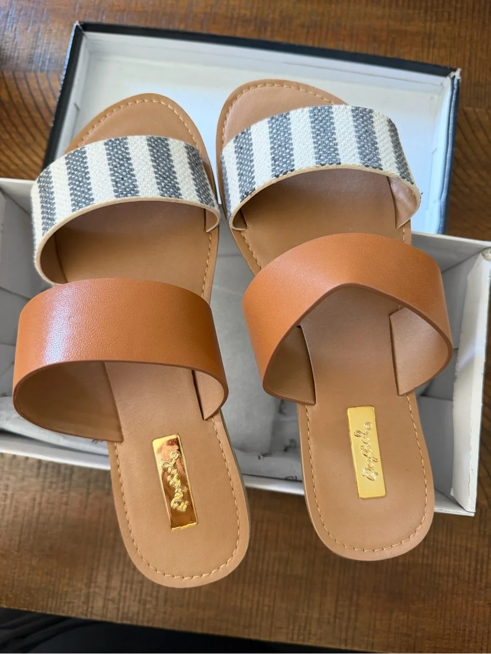 Striped Canvas & Tan Slide Sandals - Women